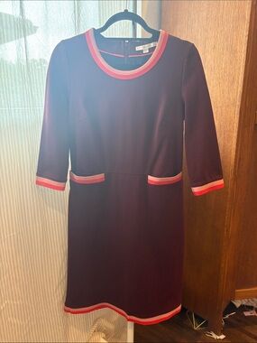 Boden Burgundy Long-Sleeve Sheath Dress with Pink Trim